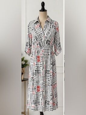 White Newspaper Print Midi Dress with Red Accents